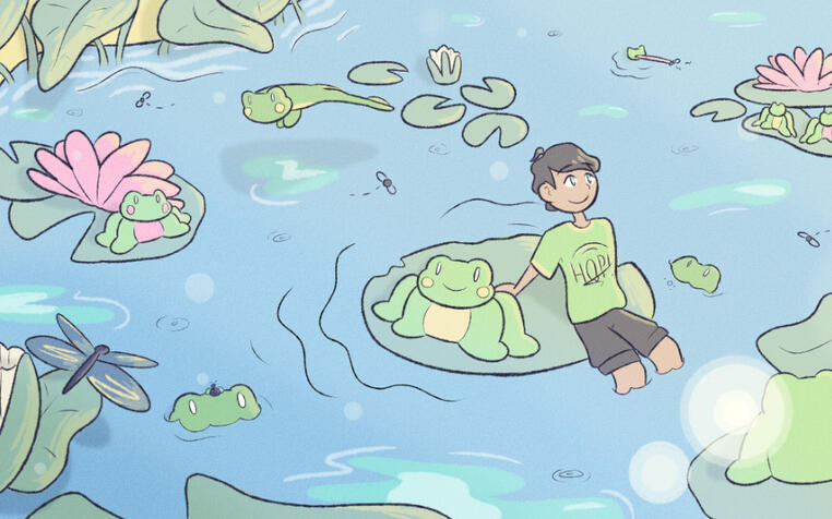 drawing: boy in frog pond