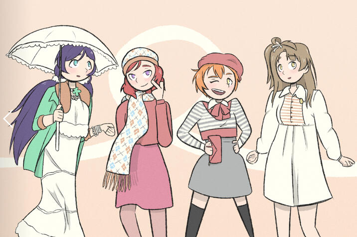 drawing: four love live girls in 70s clothing