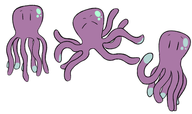 drawing: a purple octopus in several poses